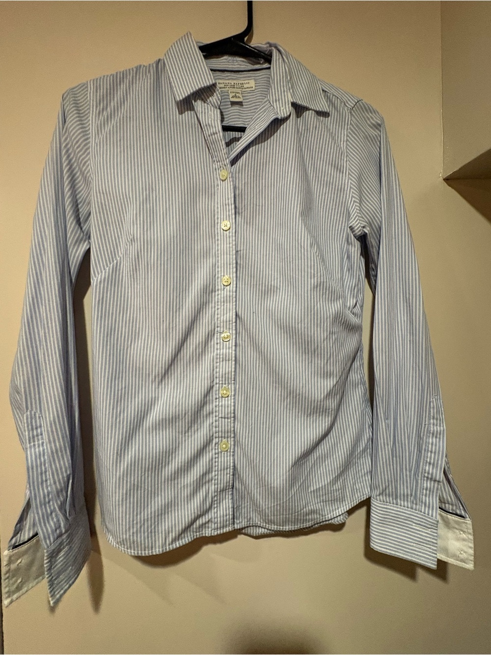 Banana Republic Blue and White Pinstripe Non Iron Fitted Button-Down Shirt ($90)